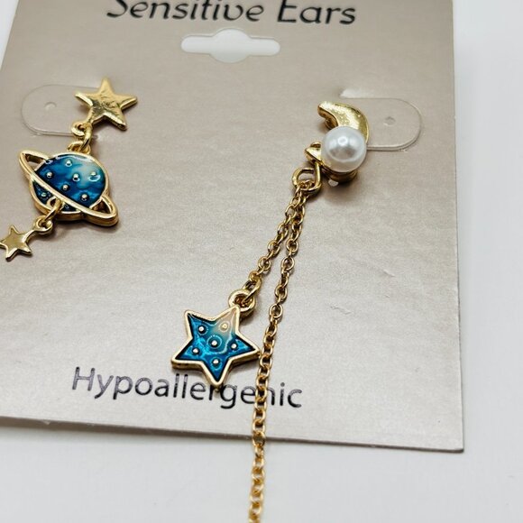Mismatched Planet Star Moon Dangle Earrings Gold Blue Enamel Pearl Hypoallergeni - Picture 3 of 5